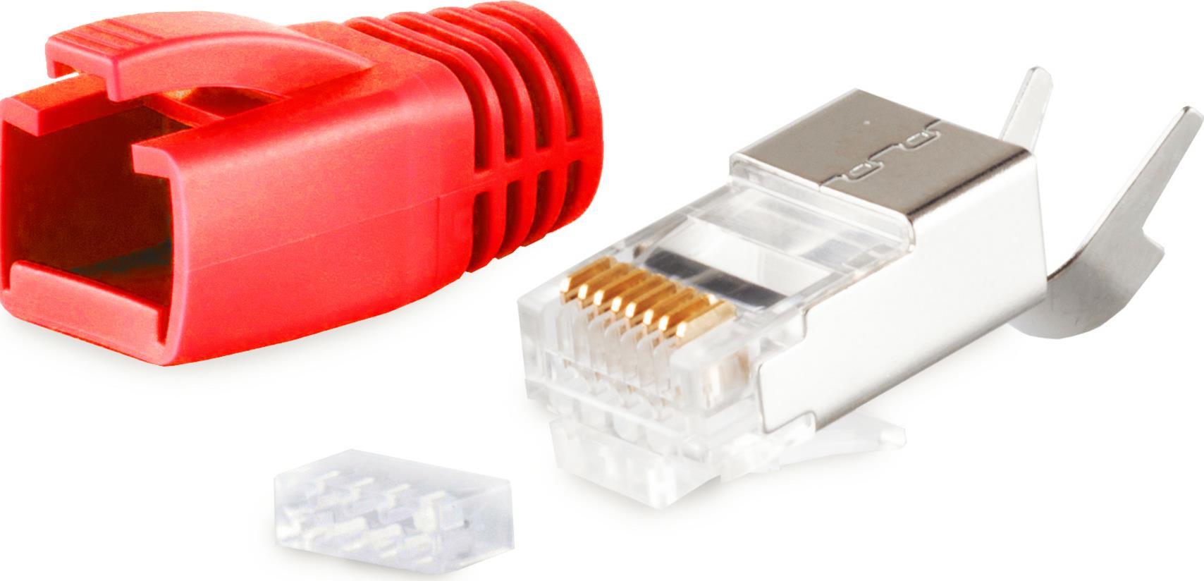 S/CONN maximum connectivity Netzwerk Modular Stecker RJ45 SET für Verlegekabel bis AWG 23, Stecker mit Zugentlastung, Einführhilfe und Tülle, rot VE 1 (72067-R)