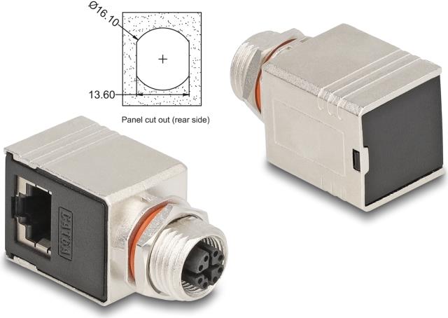 Delock M12 Adapter X-kodiert 8 Pin Buchse zu RJ45 Cat.6A STP geschirmt 90° (60088)