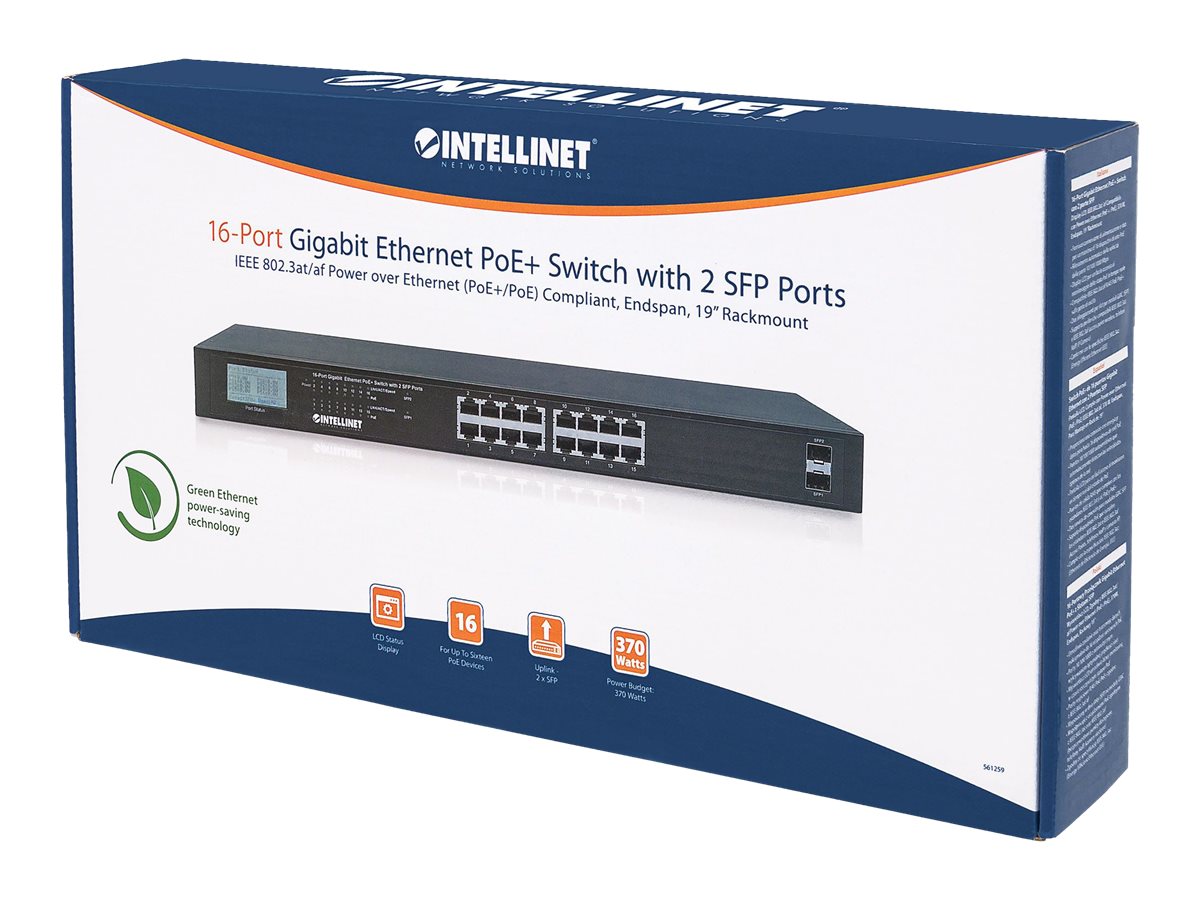 Intellinet 16-Port Gigabit Ethernet PoE+ Switch mit 2 SFP Ports LCD Display Schwarz