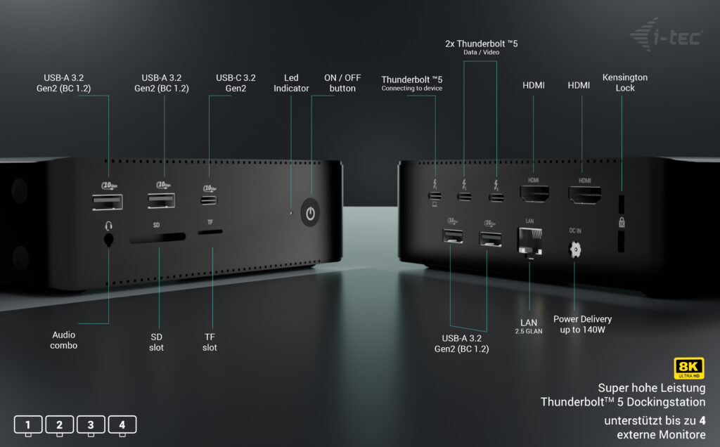 i-Tec Thunderbolt 5 Quattro Display Dock 140 W Power Delivery 2,5G LAN Schwarz