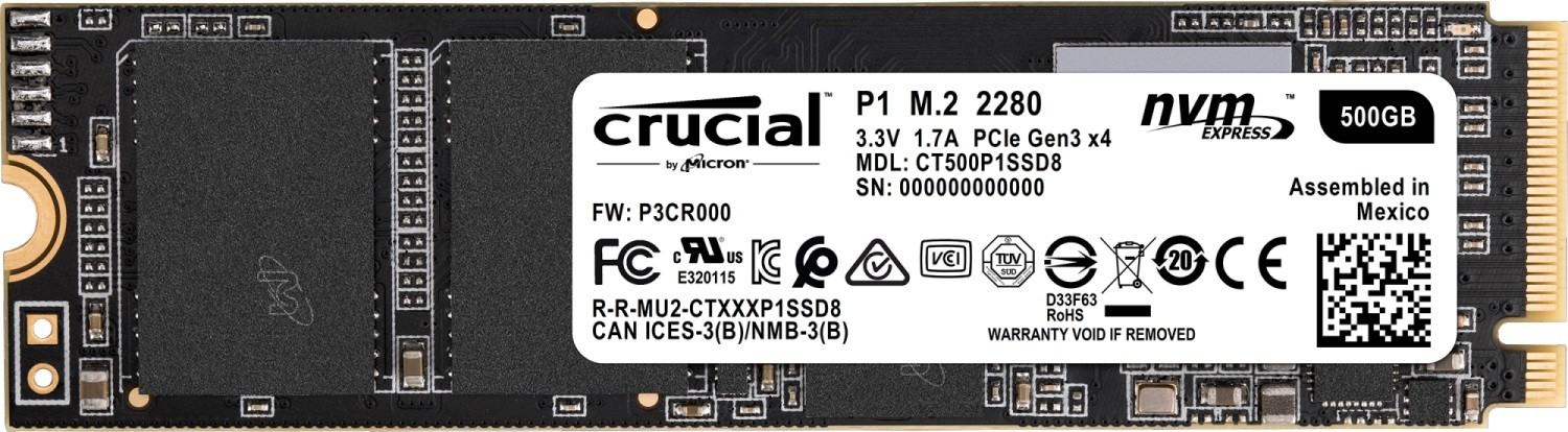 Crucial SSD M.2 500GB P1 3D NAND NVMe r:1900MB w:950MB, 90/220K IOPS (CT500P1SSD8)