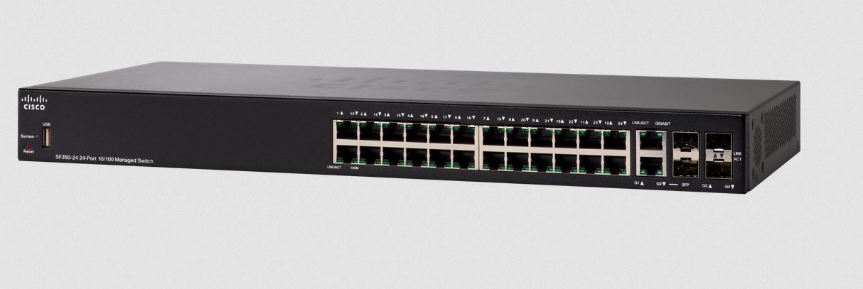 Cisco SF350-24 Managed Switch mit 24 10/100-Ports, 4 Gigabit-Ethernet Combo SFP (GbE), eingeschränkter lebenslanger Schutz (SF350-24-EU)