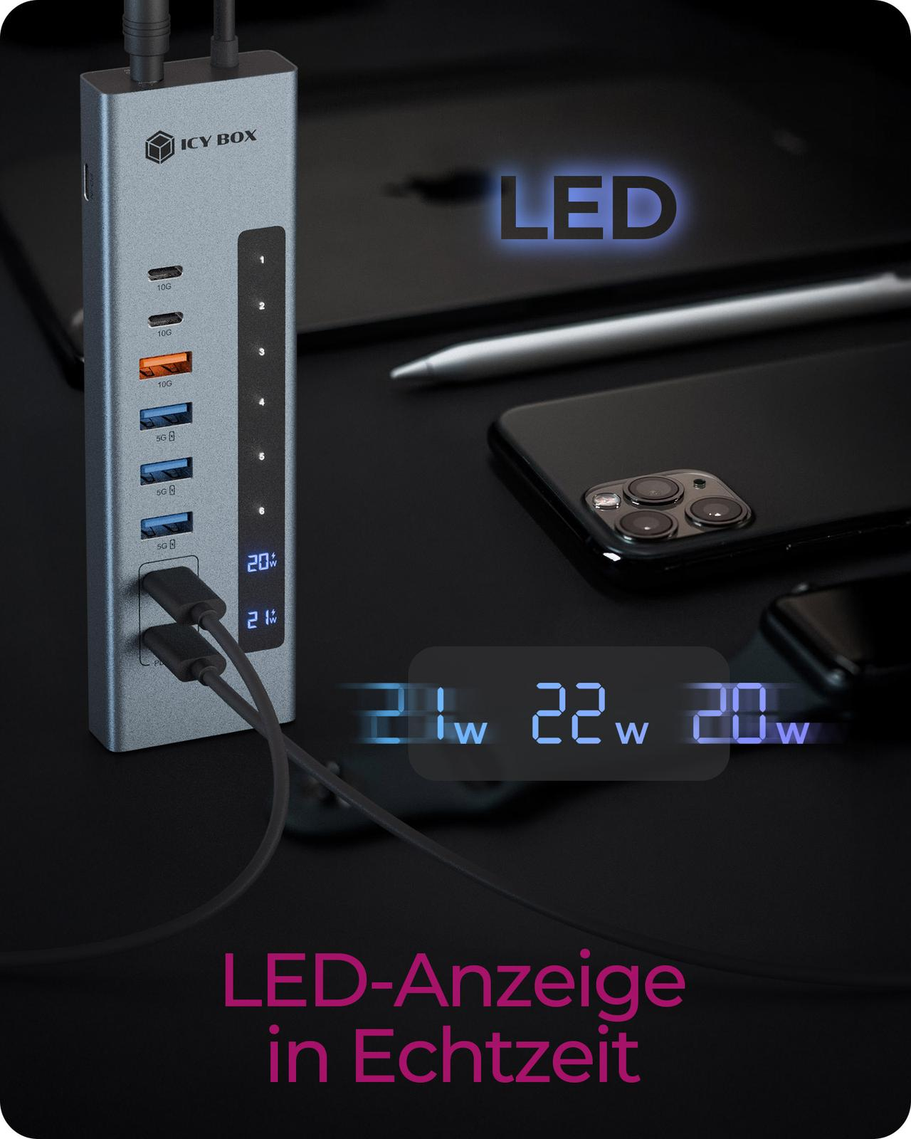 ICY BOX IB-HUB1742CR-C2PD USB 3.2 Gen 2 Hub mit PD und Kartenleser Schwarz