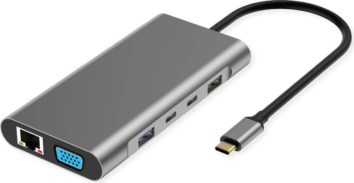 VALUE USB C Dockingstation 10-in-1, 4K60 2xHDMI,1xDP/VGA/GbE,USBC(2x, PD),2xUSBA (12.99.1147)