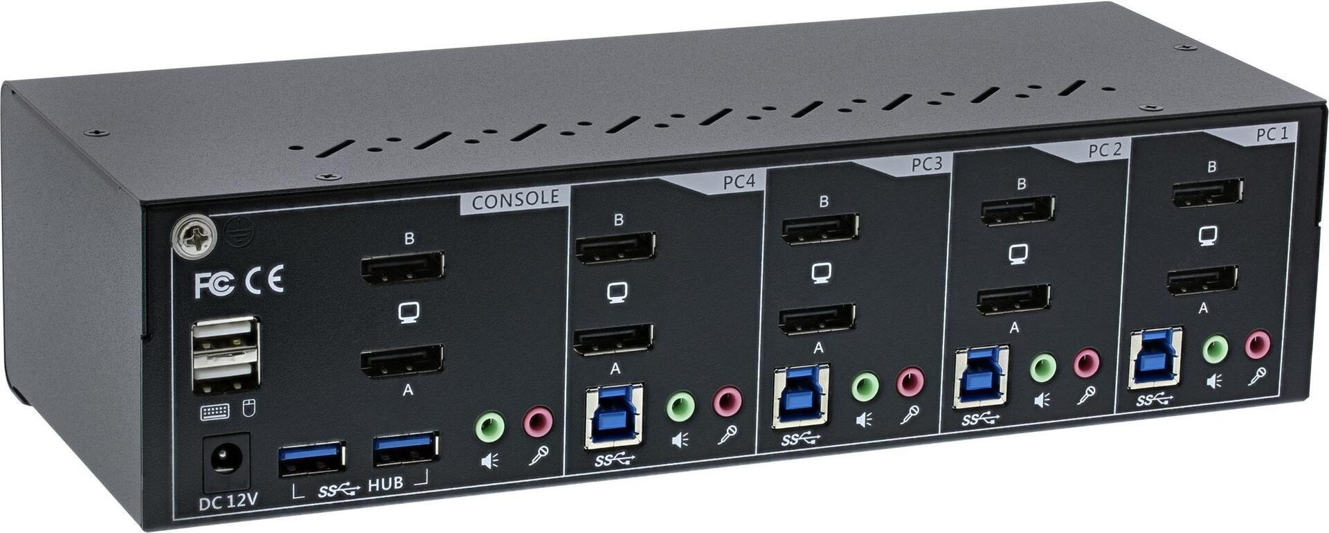 INTOS ELECTRONIC KVM Desktop Switch - 4-fach - Dual-Monitor DisplayPort 1.2 - 4K - USB 3.0 - Audio (