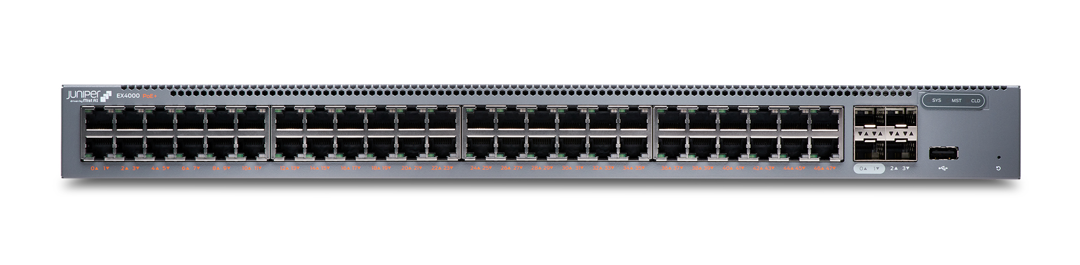 Juniper EX4000-48P Managed Switch L2/L3 48-Port PoE+ 4x SFP+ 176 Gbit/s Grau