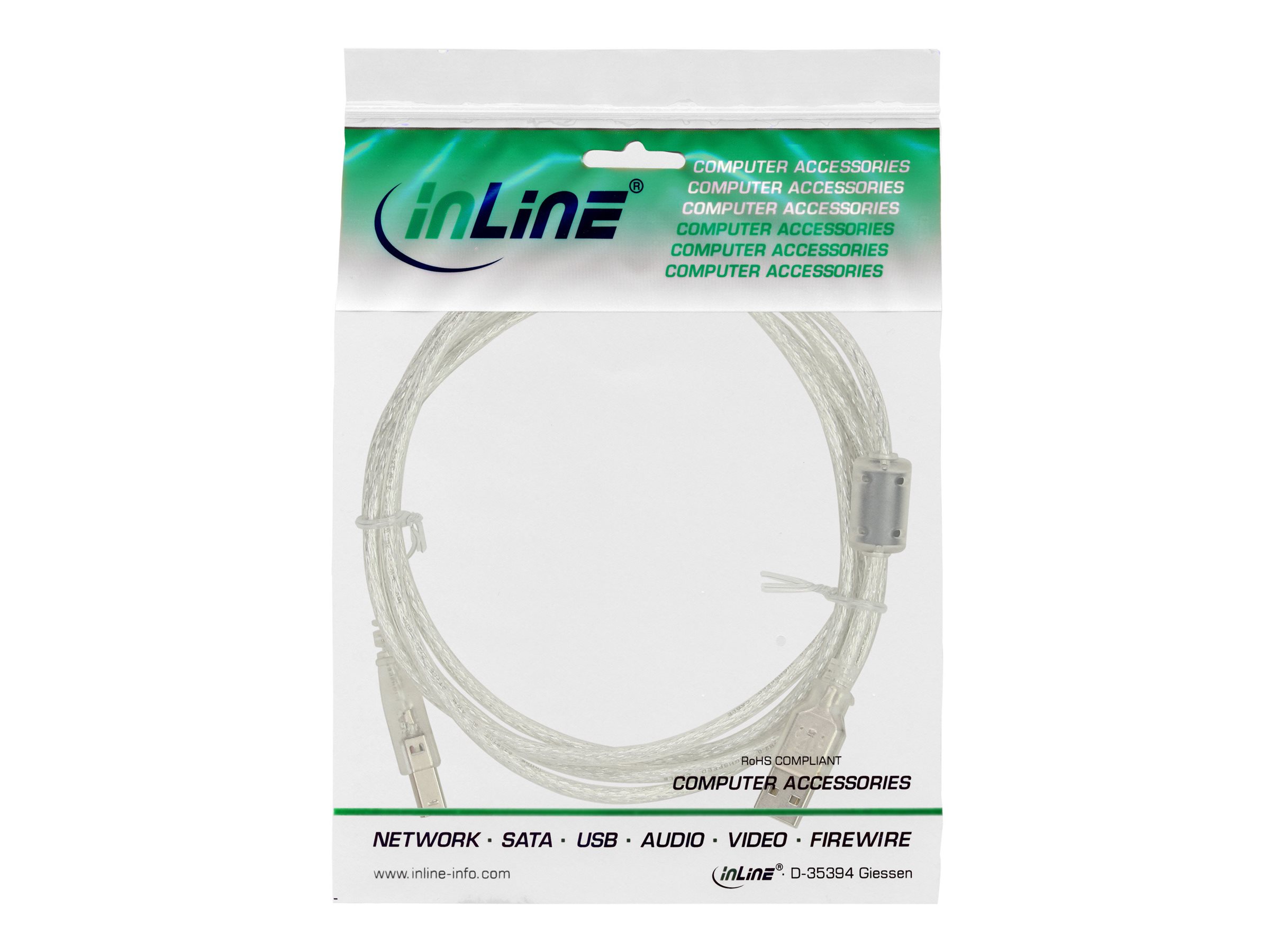 InLine USB 2.0 Kabel USB A auf USB B 0,3 m Transparent