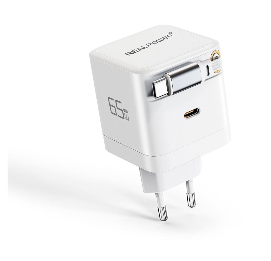 RealPower GaN Charger 65W weiß 2x USB-C PD Netzteil kompaktes 65-Watt-Ladegerät