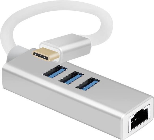 Helos HUB, USB 3.1 Type-C™St./3x USB + RJ45 Gigabit Ethernet, PREMIUM 4K, silber USB Type-C™ HUB mit USB 3.1 Type-C™St./3x USB 3.0 Bu. + RJ45 Gigabit Ethernet , PREMIUM , TPE Außenmantel - hochflexibel , Aluminium-Gehäuse , CE-zertifiziert , ULTRA HD 4K , vergoldete Kontakte , ROHS 2.0 und REACH-konform , Farbe: silber (288390)