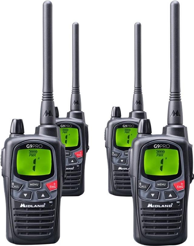 Midland G9 Pro 4er Kofferset, PMR446 4 Standlader, 4 MA24-L Headsets, 16 AA Akkus (1800 mAh) (C1385.05)