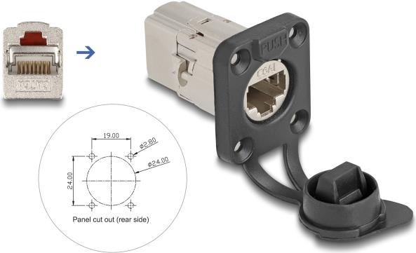 Delock D-Typ RJ45 Einbaubuchse Kupplung Cat.6A STP mit Schutzkappe IP66 (67061)