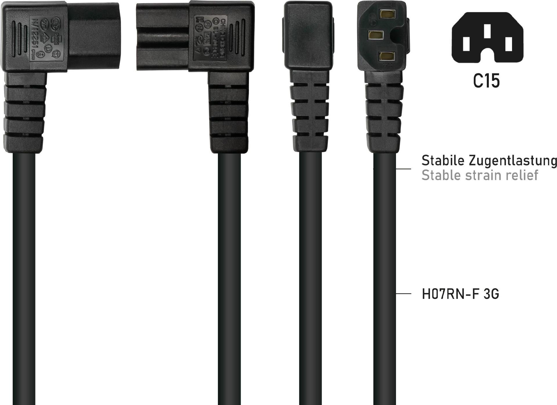Kabelmeister SK0151-S030 Stromkabel Schutzkontakt Typ E+F an IEC C15 90° 3 m Schwarz