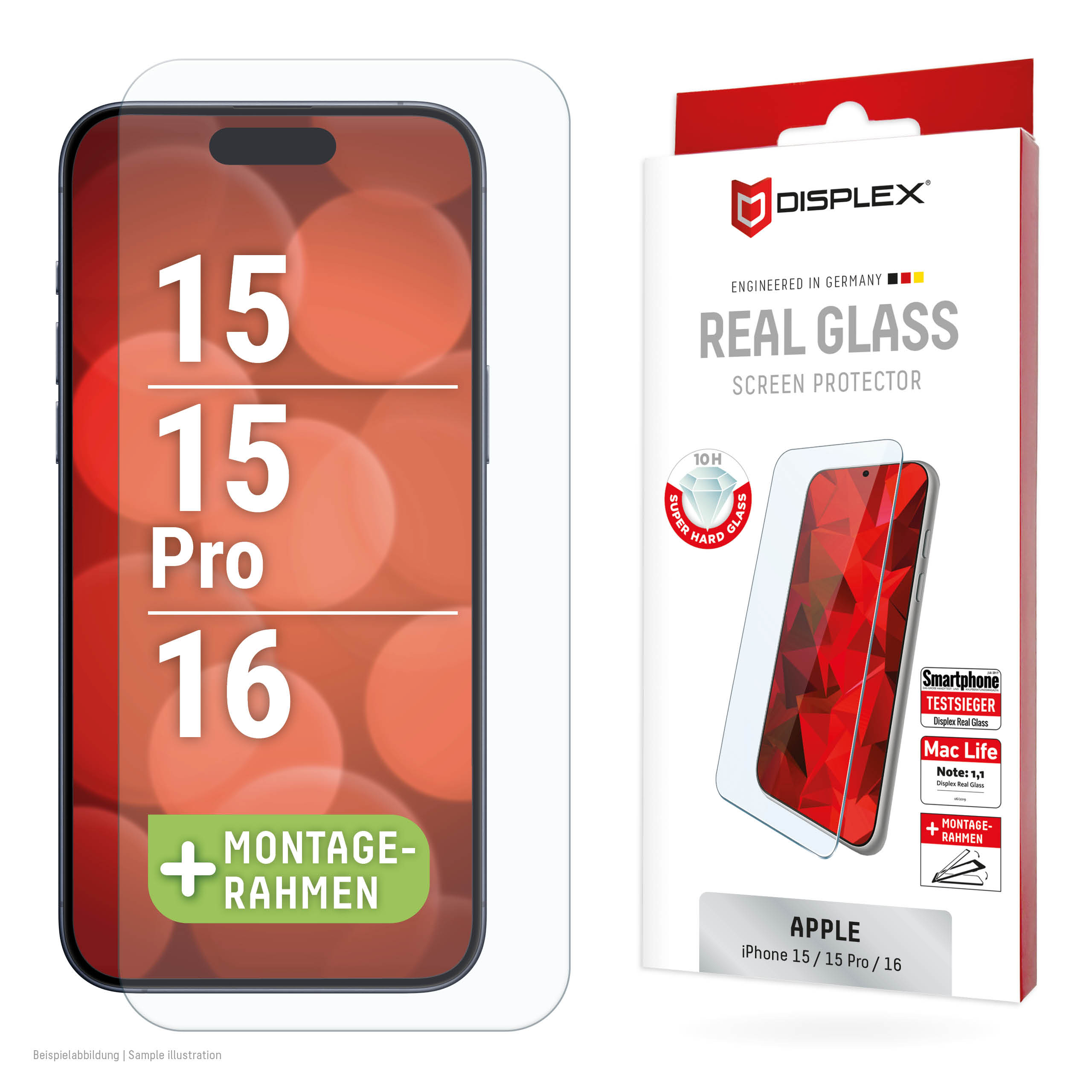 Displex Real Glass Displayschutz für iPhone 16 Gehärtetes Glas 10H Durchsichtig