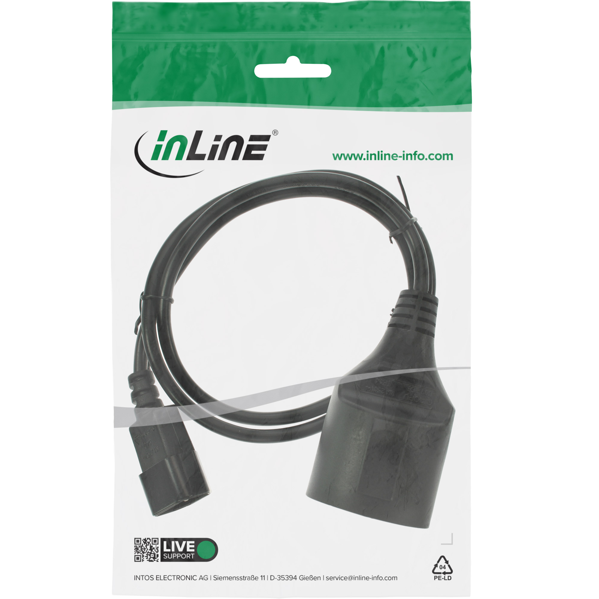 InLine Netzadapterkabel, Kaltgeräte C14 auf Schutzkontakt-Buchse, 2 m, Schwarz