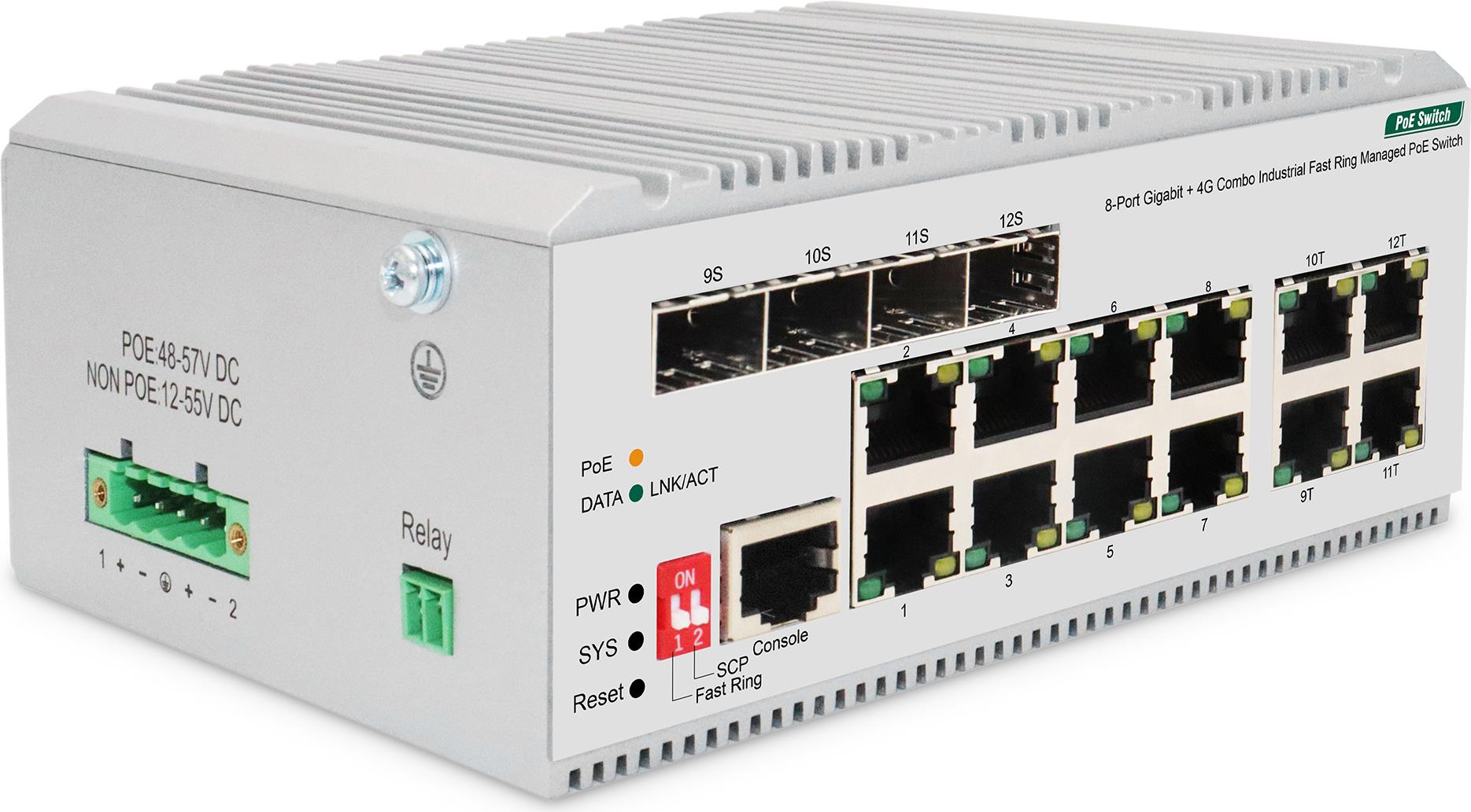 Digitus 8 Port Gigabit Ethernet Netzwerk PoE Switch, Industrial, L2 managed, 4 SFP Uplink. Switch-Typ: Managed, Switch-Ebene: L2. Basic Switching RJ-45 Ethernet Ports-Typ: Gigabit Ethernet (10/100/1000), Anzahl der basisschaltenden RJ-45 Ethernet Ports: 8, Konsolen-Port: RJ-45. Vollduplex. MAC-Adressentabelle: 8000 Eintragungen, Routing-/Switching-Kapazität: 24 Gbit/s. Netzstandard: IEEE 802.1D, IEEE 802.1Q, IEEE 802.1p, IEEE 802.1w, IEEE 802.1x, IEEE 802.3, IEEE 802.3ab, IEEE.... DC input Spannung: 48 - 57 V (DN-651139)
