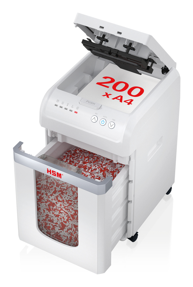 HSM Aktenvernichter shredstar Autofeed X200 Partikelschnitt 4 x 12 mm 30 l Weiß