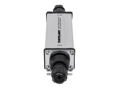 Intellinet Outdoor Gigabit High-Power PoE+ Extender Repeater, IEEE 802.3at/af, bis 100 m, IP65, Schwarz, Grau
