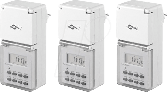 Goobay Digitale Zeitschaltuhr IP44, 3 Stück, Weiß - präzise und komfortable Steuerung elektronischer Geräte, für den Außenbereich geeignet (55546)
