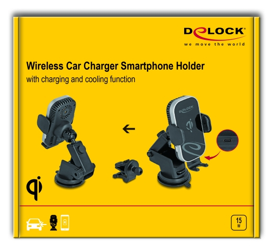 Delock Kfz-Halterung für induktives Laden, Qi, 15 W, mit Lüfter, Schwarz/Grau