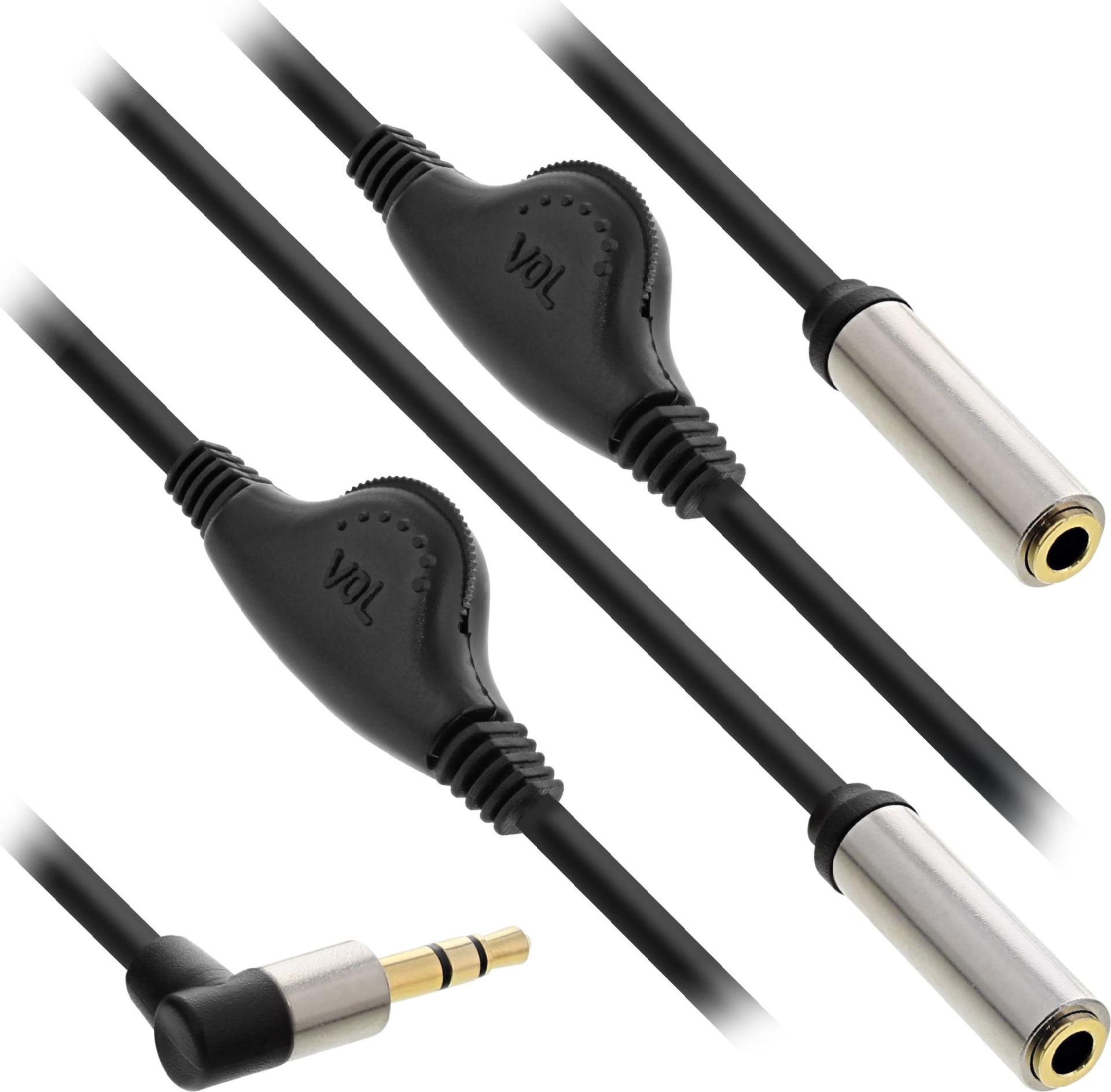 InLine Slim Audio-Splitter Y-Kabel 3,5mm Klinke Stecker gewinkelt auf 2x 3,5mm Klinke Buchse, mit Lautstärkeregler, 0,25 m, Schwarz