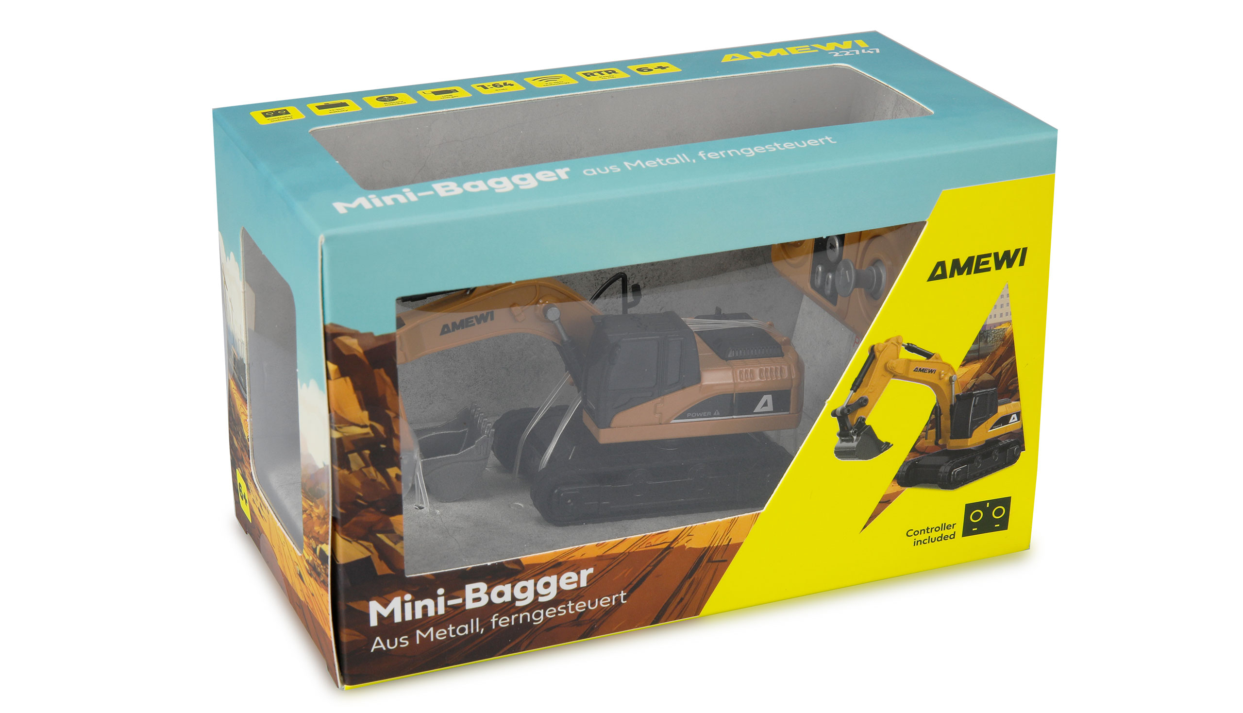 Amewi Mini-Bagger aus Metall 8-Kanal 1:64 RTR Schwarz, Gelb