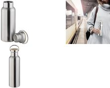 APS Trinkflasche, aus mattiertem Edelstahl, 0,75 Liter Schraubverschluss mit Bügelgriff und Holzdeckel (Bambus), - 1 Stück (66906)