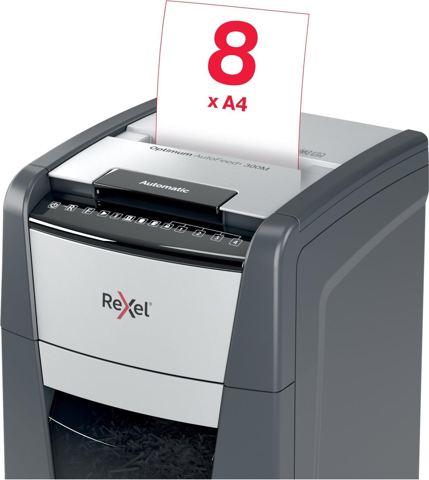REXEL Optimum AutoFeed+ 300M Aktenvernichter Mikroschnitt 2 x 15 mm Schwarz, Grau
