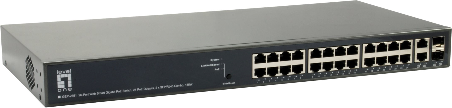 26-Port Web Managed GE PoE+ Switch, 2x SFP/RJ45 Combo (185W) Hersteller: LEVELONE (GEP-2651)