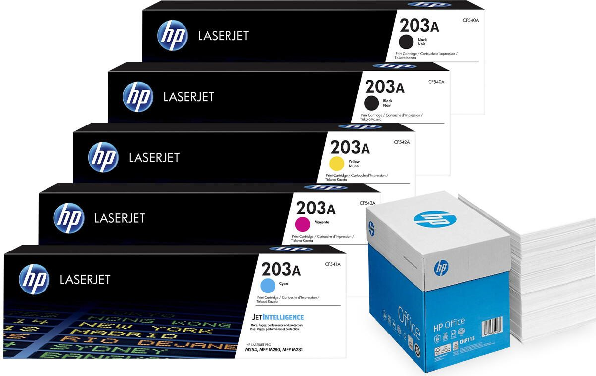 Bundle mit HP Original 203A Toner 5er Multipack + 2.500 Blatt HP Kopierpapier hochweiß (OP203ASET2_CHP113)