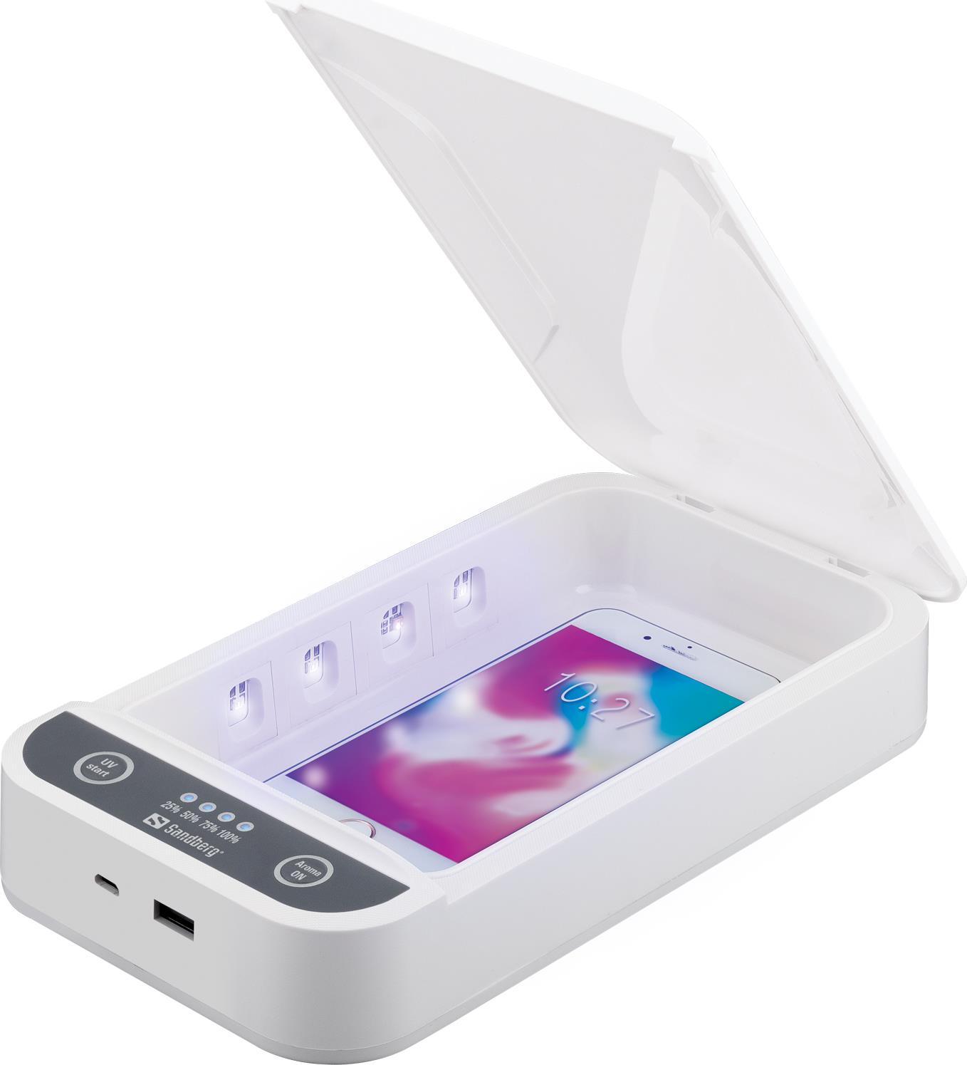 Sandberg UV Sterilizer Box 17,80cm (7") USB. Produktfarbe: Weiß, Ultraviolette (UV) Wellenlänge: 280 nm. Energiequelle: USB. Breite: 277 mm, Tiefe: 125 mm, Höhe: 50 mm. USB Kabellänge: 0,8 m (470-30)