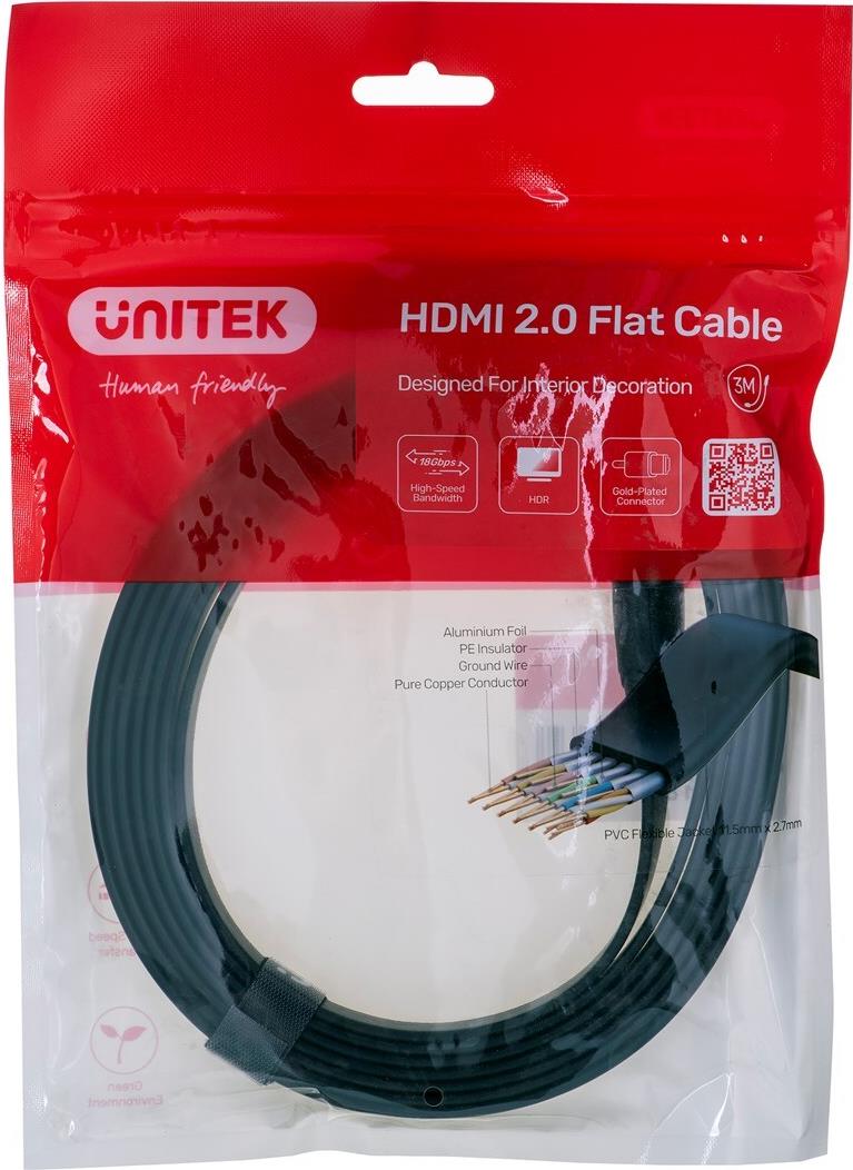 UNITEK HDMI CABLE 2.0 4K60HZ FLAT 3M C11063BK-3M HDMI-Kabel 3 m HDMI Typ A (Standard) Schwarz (C11063BK-3M)