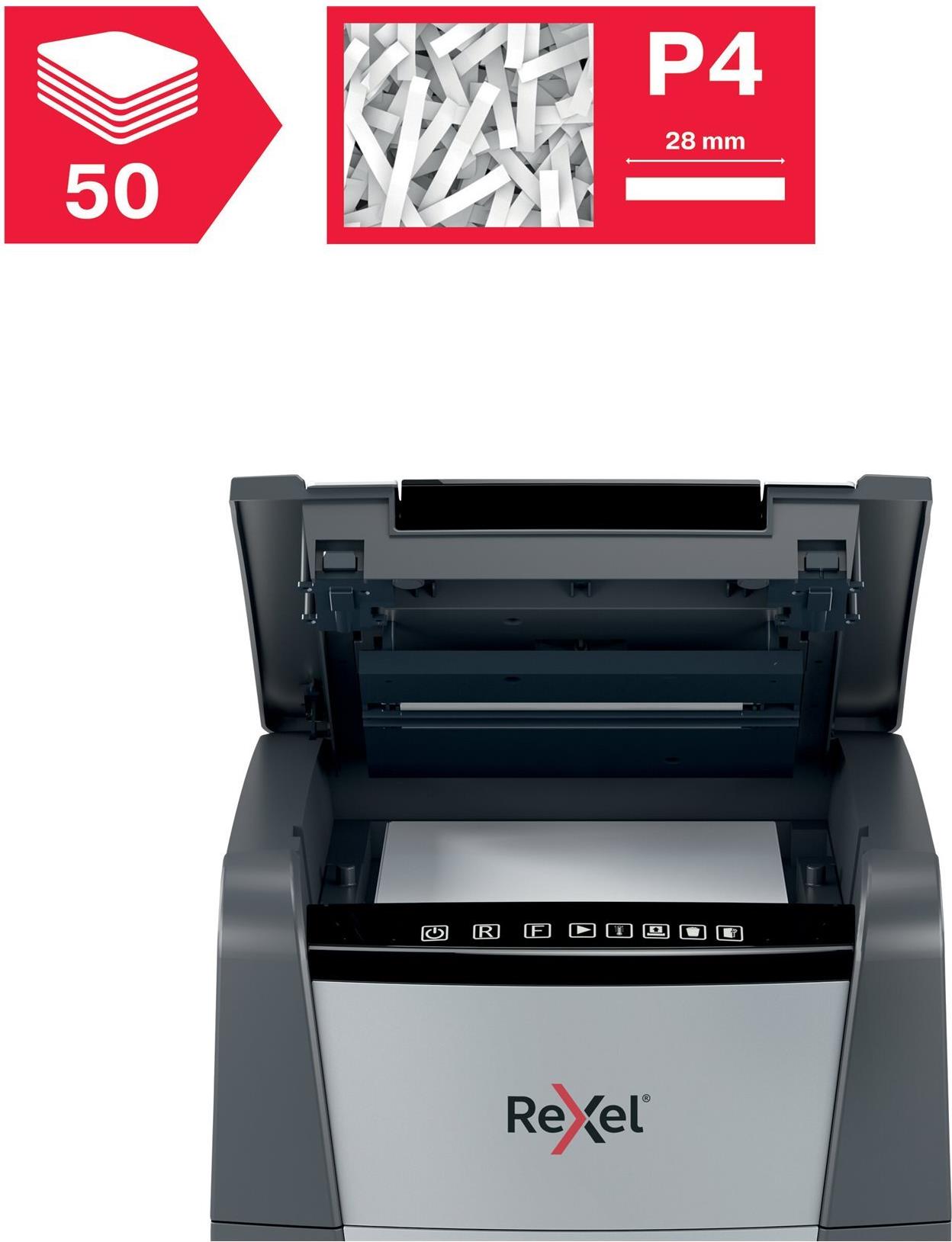 Rexel Optimum AutoFeed+ 50X Aktenvernichter Kreuzschnitt P-4 50 Blatt Schwarz, Grau