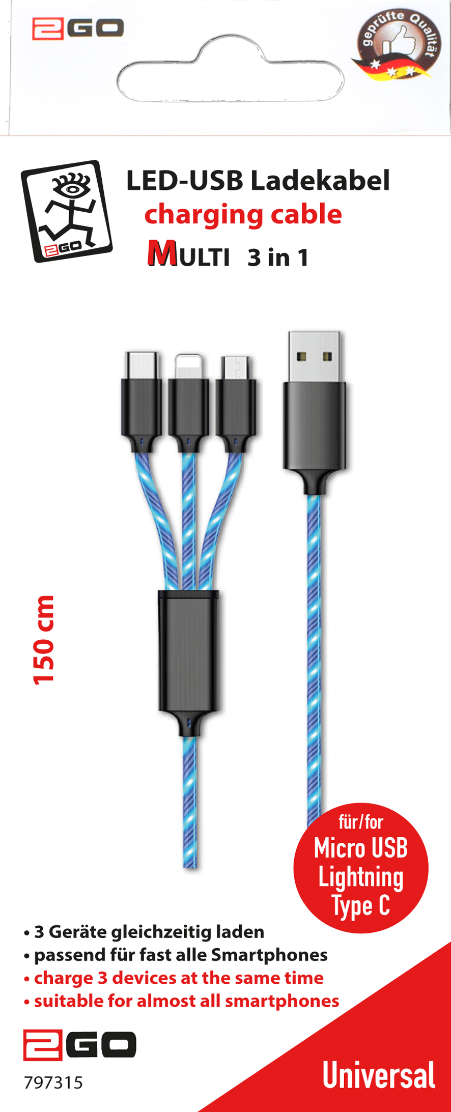 2GO 3in1 LED Kabel blau für Micro-USB & Apple & USB Type-C