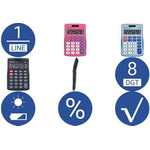 MAUL MJ 450. Formfaktor: Tasche, Typ: Display-Rechner. Stellen: 8 Ziffern, Textzeilen: 1 Zeilen. Speicherregister: 3. Energiequelle: Akku. Produktfarbe: Blau (7263034)