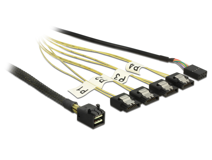 Delock Mini SAS HD SFF-8643 > 4 x SATA 7 Pin Reverse + Sideband Kabel 0,5 m Schwarz, Silber, Gelb