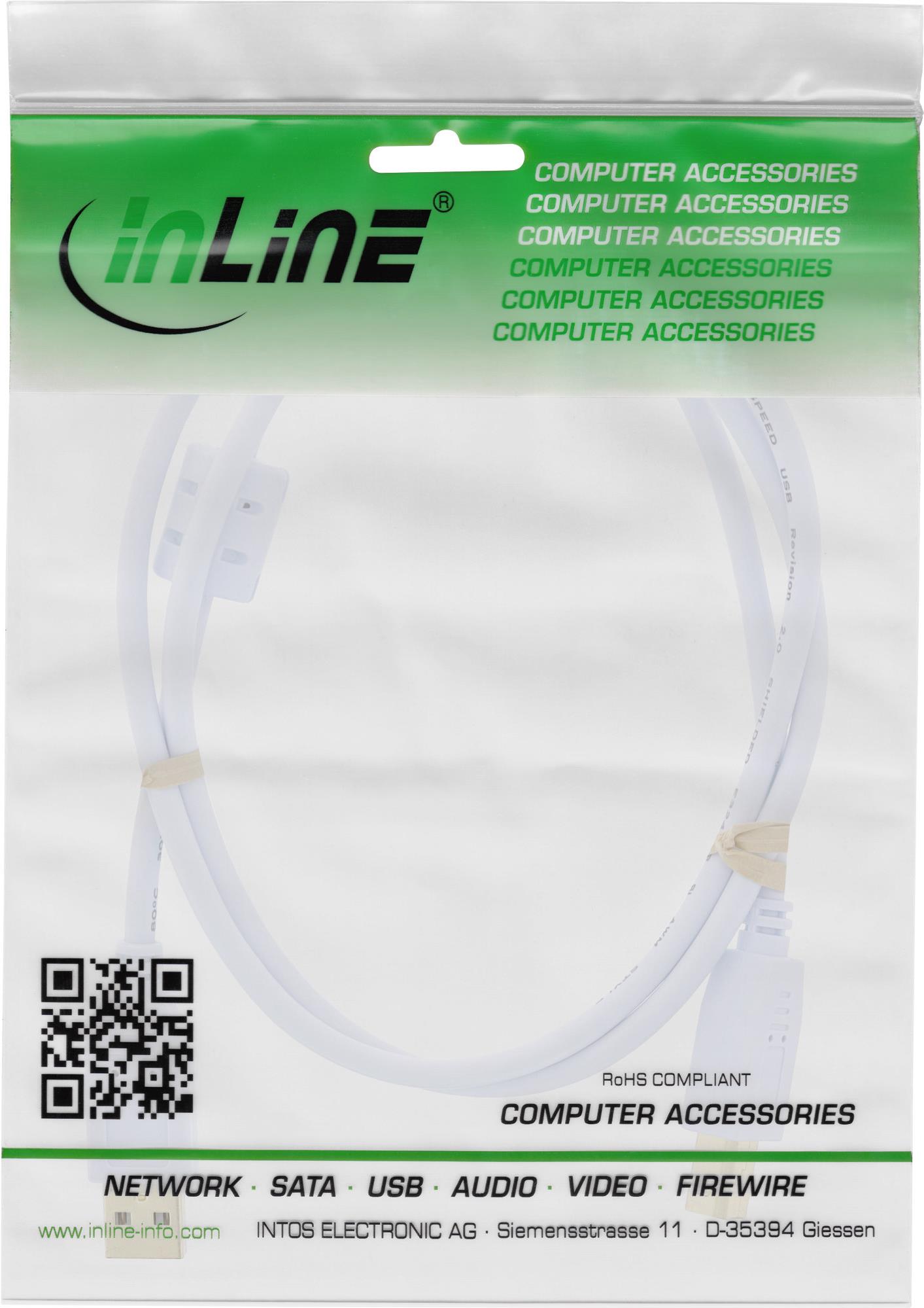 InLine USB 2.0 Kabel USB A an USB B 2 m mit Ferritkern Weiß/Gold