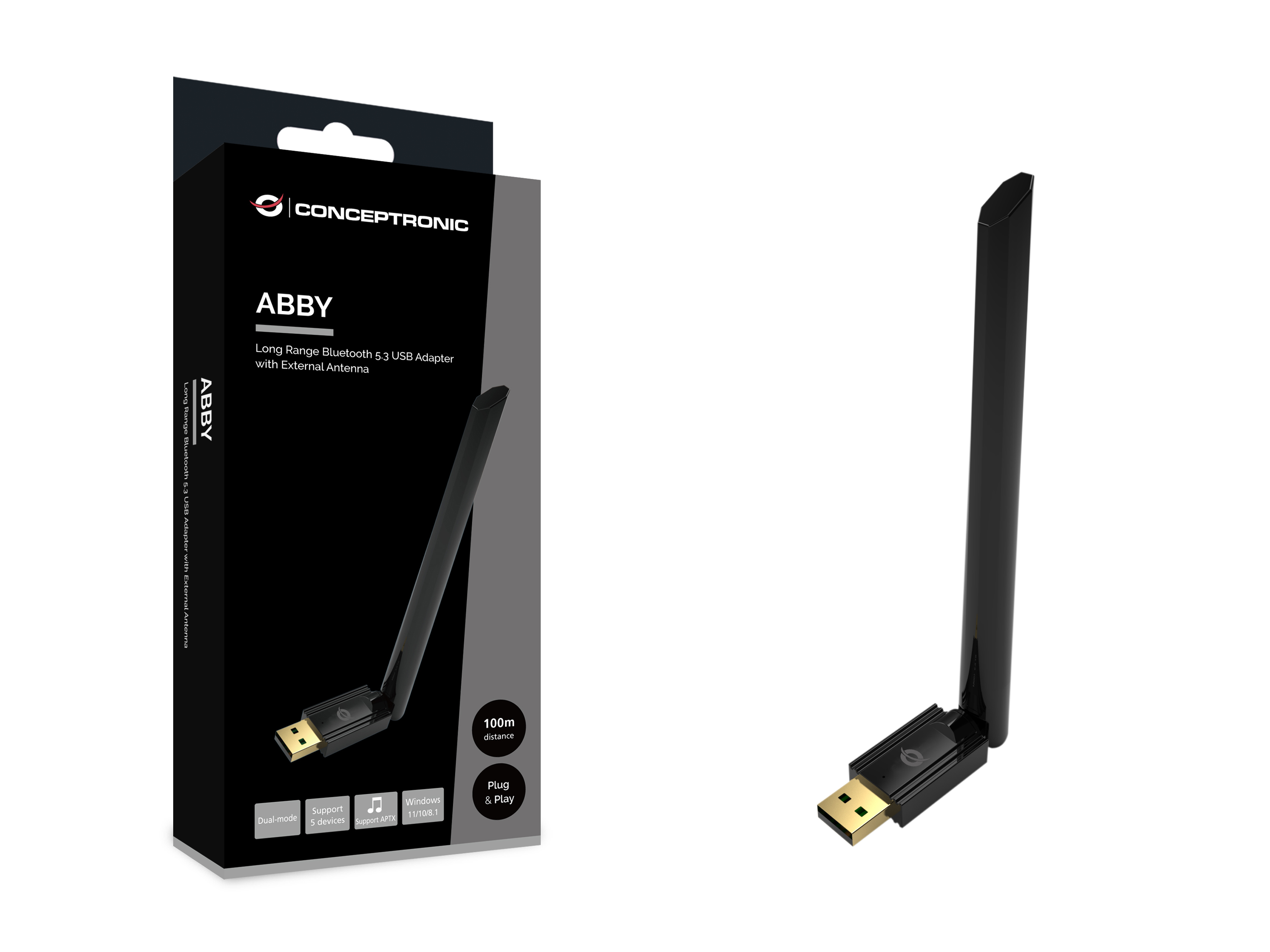 Conceptronic ABBY17B USB Bluetooth 5.3 Adapter mit externer Antenne Schwarz