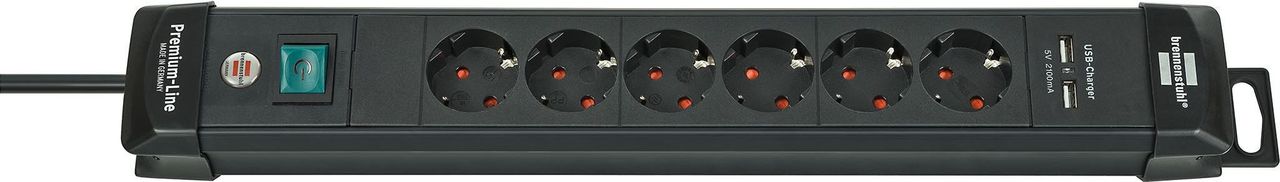 BRENNENSTUHL Premium-Line 6-fach, schwarz, mit USB-Lade funktion; Stabile, formschöne Kompaktleisten