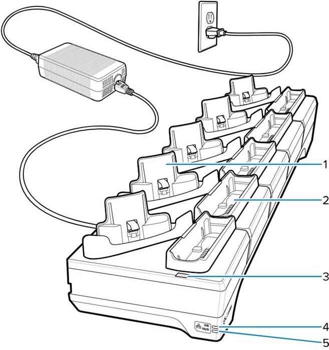 Zebra 5-Fach Ethernet Ladegerät 5-Fach Ethernet Ladegerät, lädt bis zu 5 Geräte und 5 Ersatzakkus, separat bestellen: Netzteil, AC- und DC-Kabel, passend für: WT5400, WT6400 (CRD-WT64-5S5BE-01)