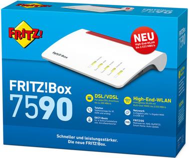 AVM FRITZ! Box 7590 WLAN AC+N Router (DSL/VDSL,1.733 MBit/s (5GHz) & 800 MBit/s (2,4 GHz), bis zu 300 MBit/s mit VDSL-Supervectoring 35b, WLAN Mesh, DECT-Basis, Media Server, geeignet für Deutschland) (20002784) (geöffnet)