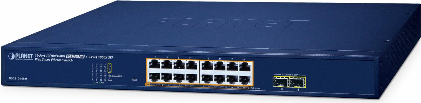 PLANET 16-Port 10/100/1000T 802.3at PoE + 2-Port 1000X SFP Web Smart Ethernet Switch (240W PoE Budget (GS-2210-16P2S)