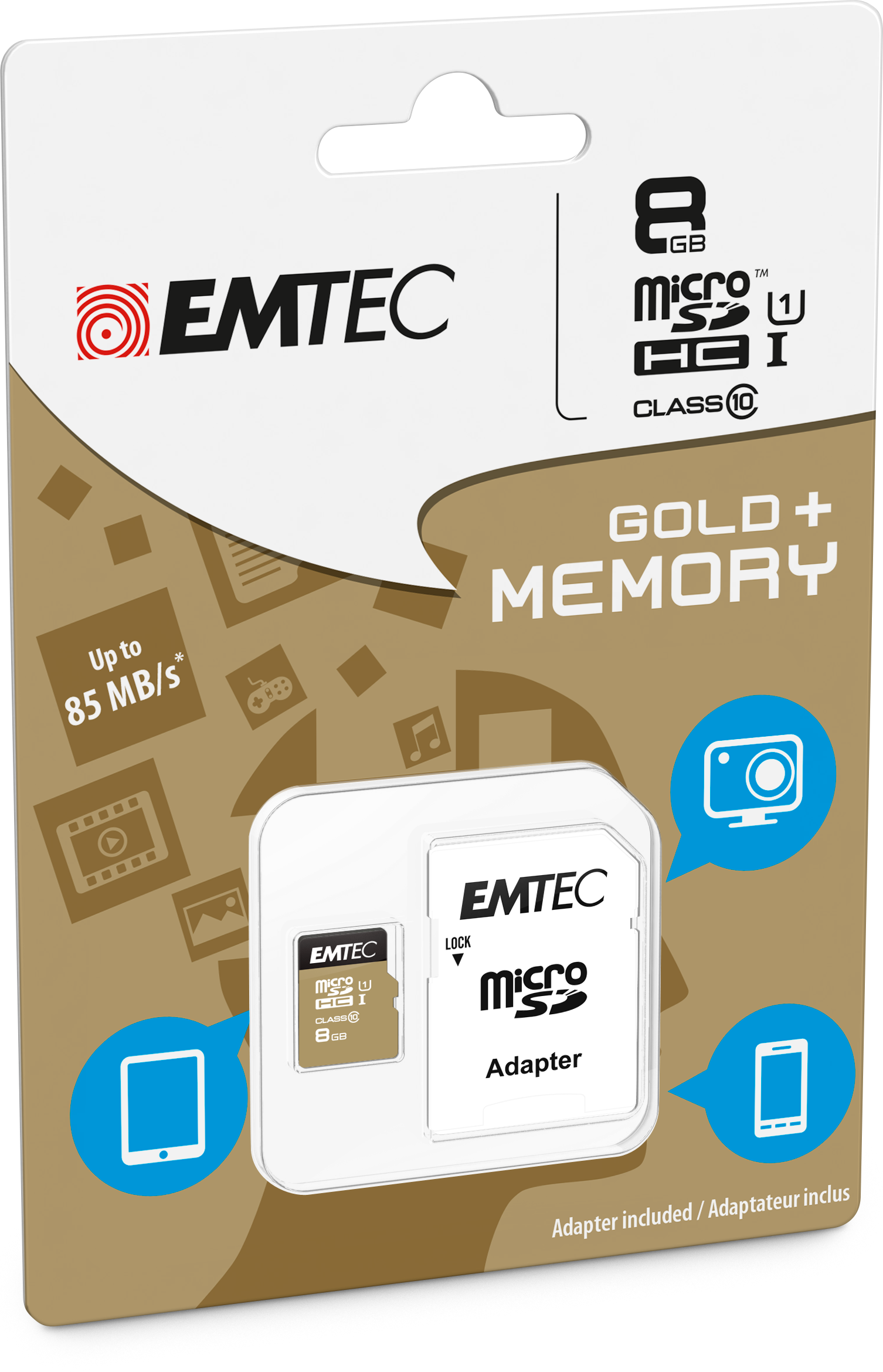 EMTEC SD MicroSD Card  8GB Emtec    SDHC CL.10 inkl. Adapter Gold