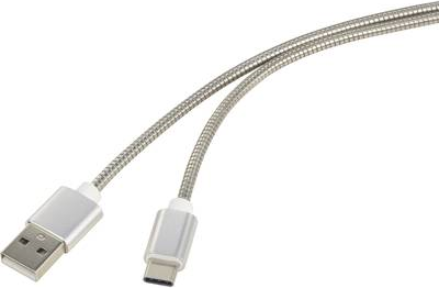 Renkforce USB 2.0 Anschlusskabel [1x USB 2.0 Stecker A - 1x USB-C™ Stecker] 1 m Silber Kabelmantel aus rostfreiem Stahl (RF-4888671)