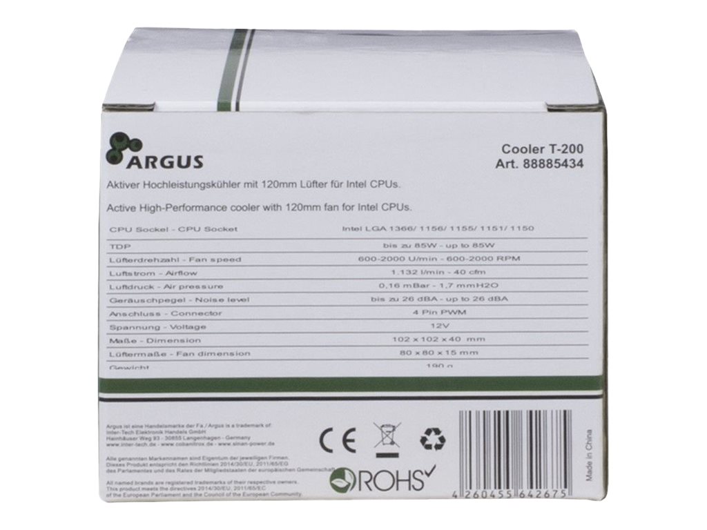 Inter-Tech Argus T-200 Prozessor-Luftkühler 80 mm bis 85 W TDP Schwarz, Grau, Orange