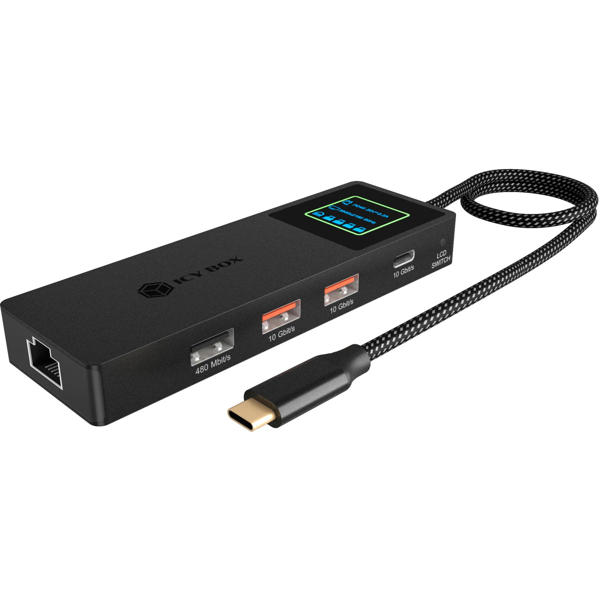 ICY BOX Spade Dock 4038 7-in-1 Dockingstation mit LCD-Display und 100 W PD (IB-DK4038-LCD)