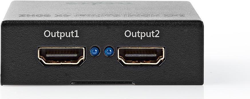 Nedis VSPL3472AT. Video Porttyp: HDMI, Teilnehmerausgang: 2x HDMI. Produktfarbe: Schwarz, Gehäusematerial: Metall, HD-Typ: 4K Ultra HD. AC Eingangsspannung: 5 V, Eingangsstrom: 1 A, Stromverbrauch (max.): 5 W. Breite: 60 mm, Tiefe: 70 mm, Höhe: 20 mm. Menge pro Packung: 1 Stück(e), Verpackungsart: Box (VSPL3472AT)