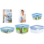 emsa Frischhaltedose CLIP & CLOSE, 1,3 Liter, quadratisch transparent mit blauen Clips, transportsicherer Clip - 1 Stück (3110600387)