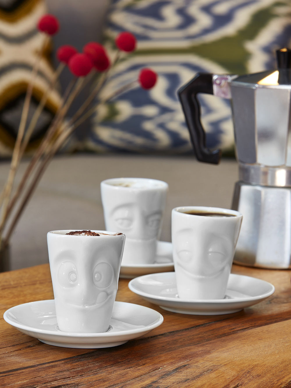 FIFTYEIGHT Espresso Becher mit Henkel 80 ml Porzellan Vergnügt Weiß