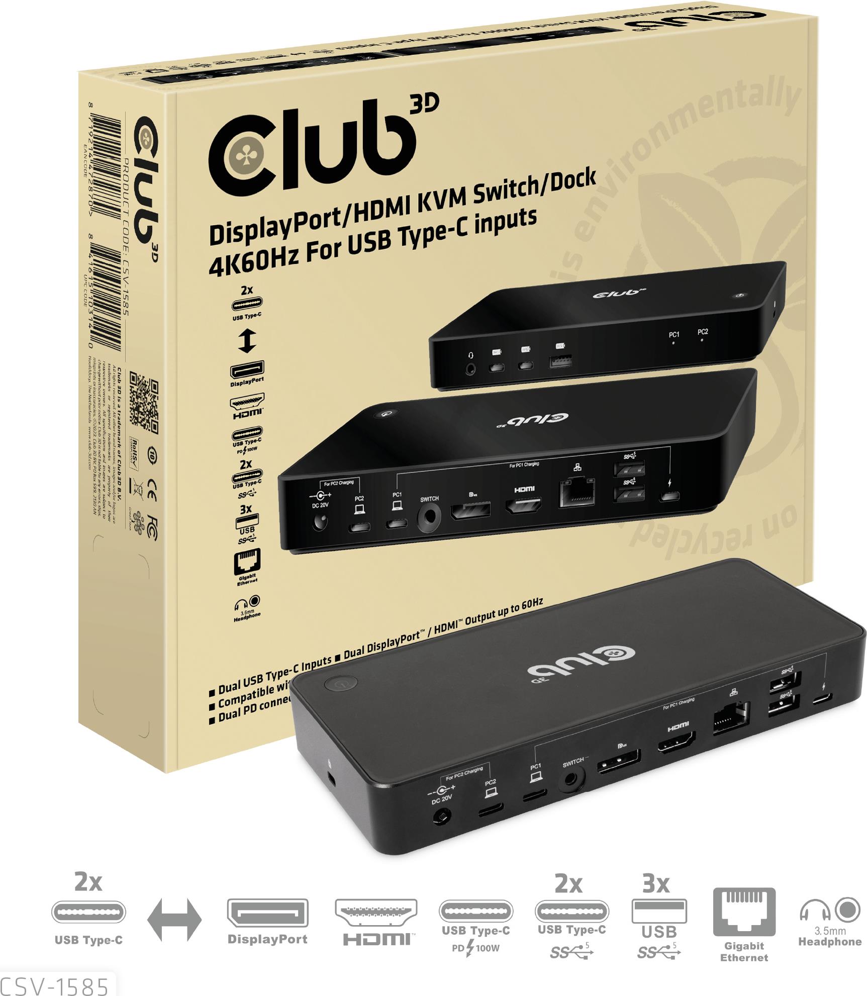 CLUB3D DisplayPort™/HDMI™ KVM Switch/Dock 4K60Hz für USB Typ-C Eingänge (CSV-1585)