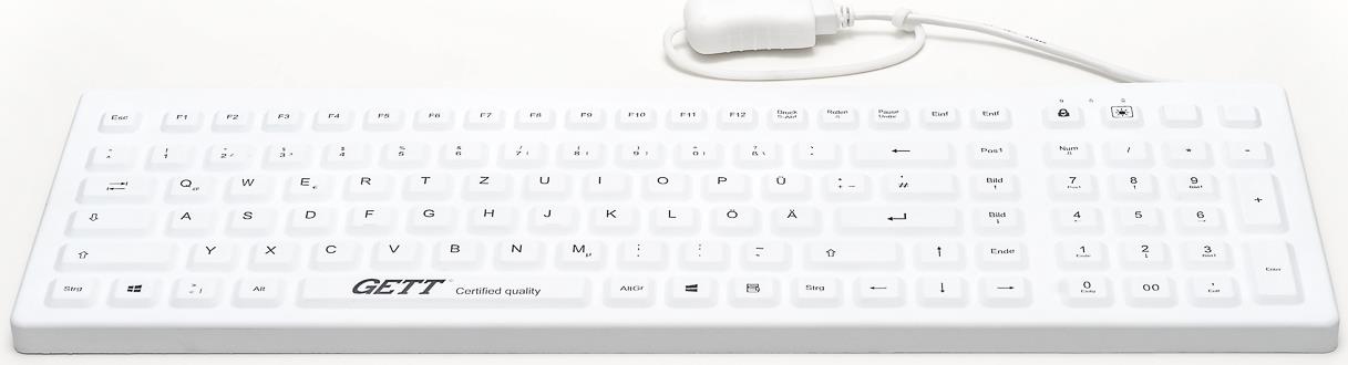 GETT CleanType Prime Pro+ Silikon-Tastatur USB IP68 Beleuchtet 110 Tasten Deutsch Weiß